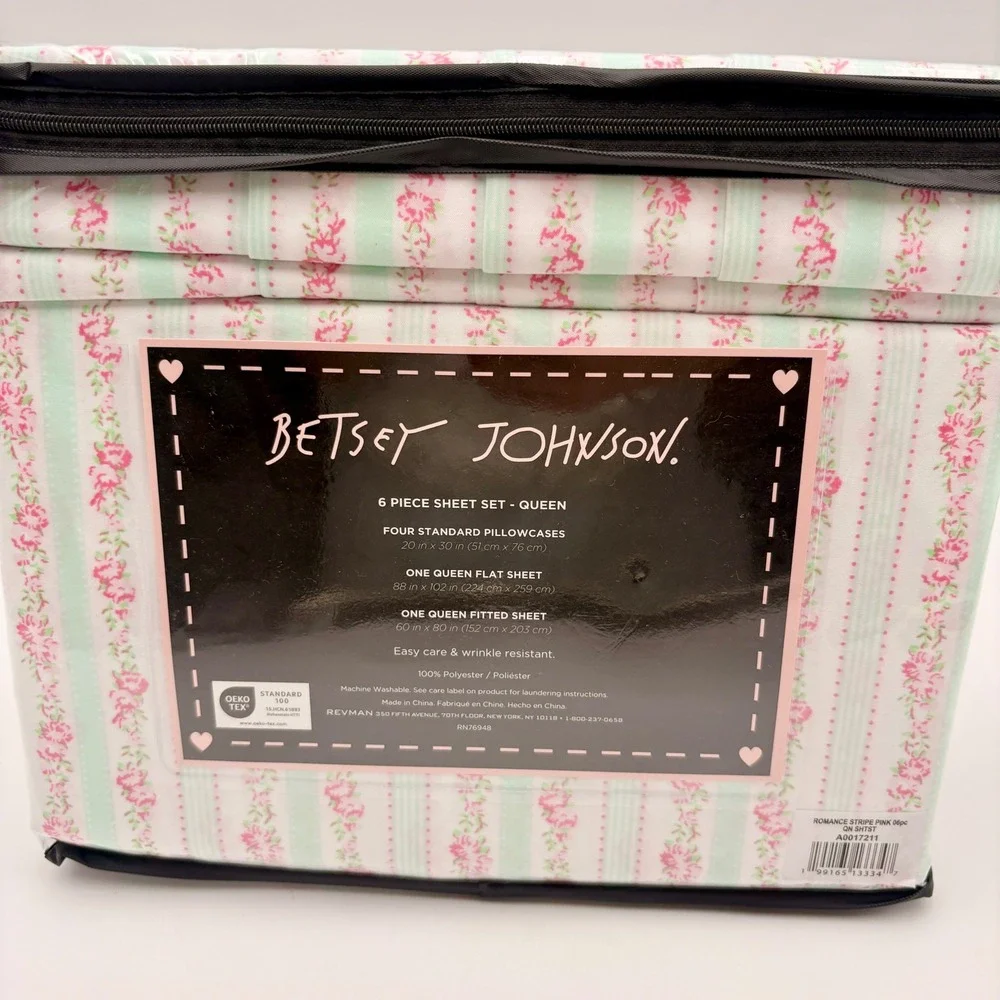 Betsey Johnson Queen Sheet Set 6 Piece Romance Stripe Pink Floral Mint Green NEW